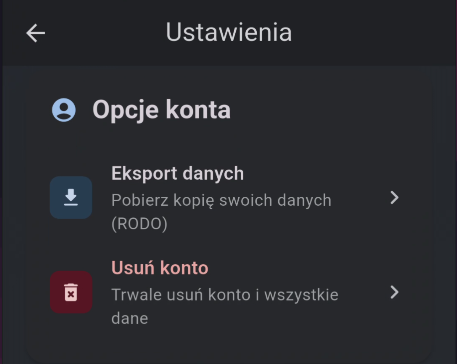 Ekran z opcją usunięcia konta